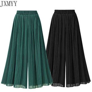 Estilo europeu de verão plissado mulheres larga perna calças soltas chiffon boho comprimento feminino calça calça elástica calças plus tamanho 211124