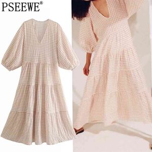 Sommarklänning Kvinna Plaid Long Women Fashion Ruffle Midi Puff Sleeve Es Ladies Casual Kvinnors ES 210519