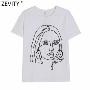 Zevity Women Simply Beauty Head Sculpture Appliques Casual Slim White T-shirt Kvinna Chic Basic Stickning Sommar Toppar T692 210603