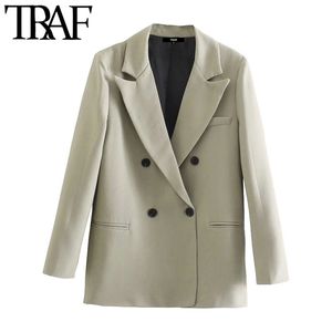TRAF Women Fashion Double Breasted Loose Fitting Blazer Coat Vintage Long Sleeve Pockets Female Outerwear Chic Veste 210415