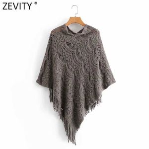 Zevity Women Fashion Crocheted Knitted Jacquard Shawl Sweater Female Hem Tassel Decoration Pullovers Chic Hollow Cloak Tops S530 210603