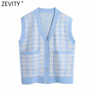 Mulheres Vintage v Neck xadrez Padrão Padrão Remendo Casual Tricô Camisola Senhora Chique Sem Mangas Cardigan Vest Tops S649 210416