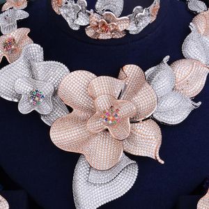 Çiçek Mücevher Gelin toptan satış-Küpe Kolye Godki Süper Shinning Lüks Çiçek Kadın Düğün Naija Gelin Kübik Zirkonya Dubai adet Takı Seti Mücevherat Bağımlılık