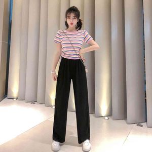 Kvinnor Byxor Set Två Piece Elegant Office Lady Outfit Stripe Lacing Up Pullover T Shirt + Wide-Ben Byxor Casual Suit 210514