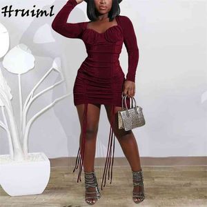 Sexy Dress Skinny Night Club Slim Clubwear Fashion Vintage Solid Sale Drawstring Long Sleeve for Women 210513