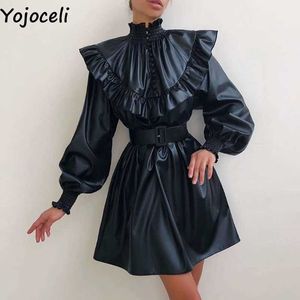 Yojoceli sexig svart ruffle sashes läder dres höst elegant knäppas casual party våren cool short vestidos 210609