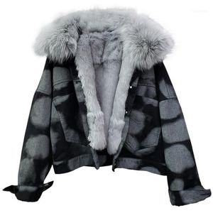 Kvinnors Fur Faux 2021 Tjock Varm Real Collar Jeans Coat Vinter Kvinnor Plus Size Genuine Liner Single Breasted Denim Jacket Top1