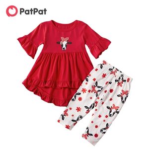 Przyjazd Spring and Autumn Baby Toddler Girls Cow Print Bell Rękawy Top Spodnie Zestaw Odzież dziecięca 210528