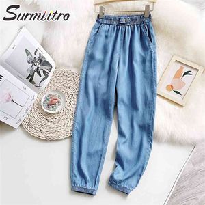 Pantaloni stile harem in tessuto di ghiaccio fresco Pantaloni casual da donna estivi alla caviglia stile coreano Pantaloni a vita alta da donna blu 210421