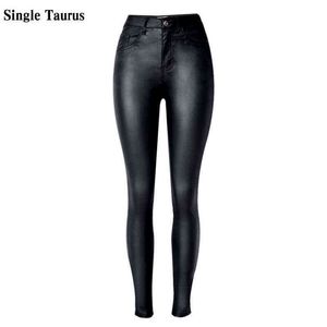 Hög midja pu imitation läder jeans kvinnor mode svart elasticitet skinny femme tryck upp smala vaqueros mujer penna byxor 211129