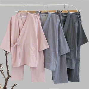 Traditional Kimono Sleepwear for Men Women Pure Cotton Loose Style Bathing Yukata Tops Trousers Pajamas Set Couple's Nightgown 210928