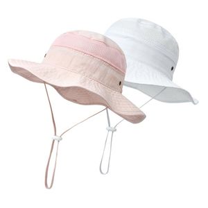 Kids Bucket Hats Summer Wide Brim Hat Casual Flat-topped Basin Cap Gauze Splicing Sun Caps Foldable Protection Visor Fashion With Windproof Rope WMQ1302