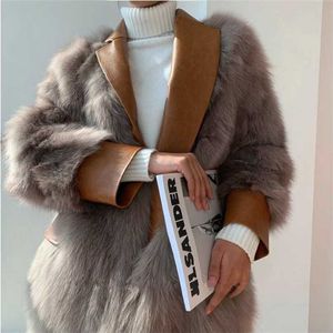 Lyxig vintage kvinnors vinter päls med faux läder kostym krage varm jacka sexig streetwear överroat tjej 211220