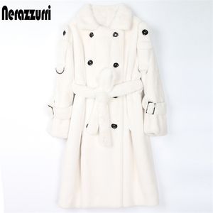 Nerazzurri Long Warm Fluffy Faux Fur Trench Coat for Women Double Breasted Pink White Green Winter Korean Fashion Belt 2022 211124