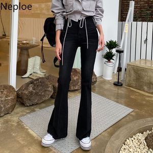 Neploe kvinnor mode flare jeans koreanska höga midja sträcka denim byxor solid färg all match casual slim bodycon pantalon 210422