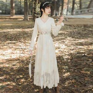 Embroidery Long Dress Elegant White Mid-calf V-neck Midi Fit and Flare Lace Vestidos Sleeve Women Spring 210603