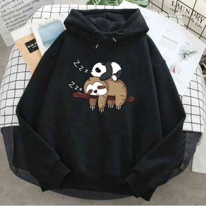 Söt tecknad sloth print hoodie man kvinnor casual lös hooded fickor anime hip hop streetwear hoody hajuku plus storlek kläder h1227