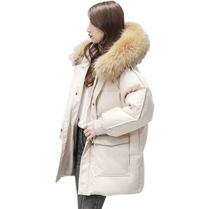 Vinter 90% Vit Duck Down Coat Kvinnor Stor Naturlig Fur Hooded Jacka Casual Loose Tjock Sash Tie Up Parka Snow Outwear 210430