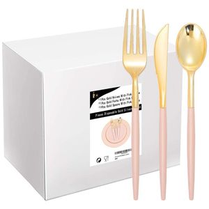 Disposable Dinnerware 30 Pcs Tableware Golden Plastic Silverware With Pink Green Handle Cutlery Set Suitable For Wedding Party