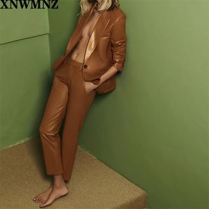 Kobiety Faux Skórzane spodnie Vintage Mid-Camel Blazer High-Paist Kieszenie Zip I Metal Hook Wysokiej jakości 210520