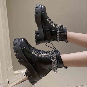 Kvinnors plattform punk ankel stövlar damer spets upp kedja goth sneakers mode läder vattentäta skor kvinnliga skor svart varmt