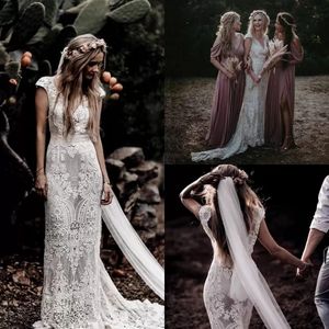 Кружевные русалки свадебные платья Богемский стиль Cap Cap Wilves Gothic Bridal Dress Smooth Train V шеи Blackbloe Breids M94