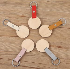 Naturlig träskiva Keychain Partihandel Personliga Anpassade Brev Blank PU Läder O Key Rings Wood Disk Pendant Nyckelringar