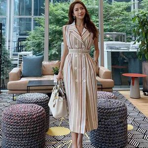 Women Summer Dress Sleeveless High Waist Striped Single-breasted Korea Ladies Office Chic Long Dresses Vestidos 210520