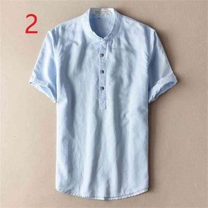 Summer Men's Small Collar Button Cotton Short Sleeve T-Shirt Casual Chinese Style Linen Solid Color Half Youth Shirt Thin 210420