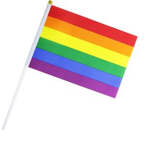 14 * 21 cm randig gay rosa regnbåge lgbt flagga tryck samma sex stolthet bälte pe plast flaggstång hand flaggor