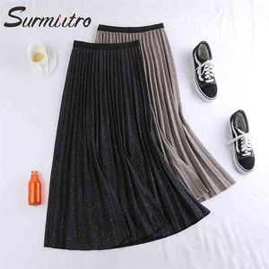 Brilhante Midi Plissada Saia Mulheres para Primavera Outono Estilo Coreano Casual Cintura Alta Preto Uma Linha Longa Feminina 210421