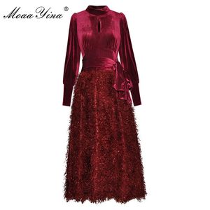 Moda Designer Sukienka Wiosna Damska Dress Latarnia Rękaw Lace-Up Patchwork Tassel Eleganckie Dresses 210524