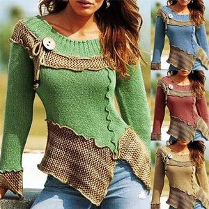 Autumn Winter Ladies Crew-Neck Patchwork Fashionable Sweaters Women Slim Fit Sweater Button Long Sleeve Pullover Mujer Plus Size 210604