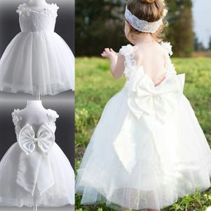 White 3D Flower Lace Girls Dresses For Wedding Bow V Neck Spaghetti Ankle Length A Line Birthday Party Communion Dress