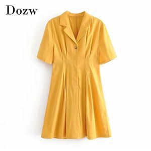 Women A Line Cotton Mini Dress Summer Short Sleeve Elegant Pleated es Solid Turn Down Collar Casual Vestidos 210515