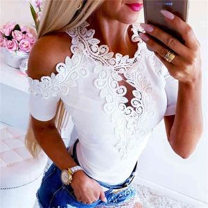 1Damen Spitzenbluse Kurzarm S Top Casual Off Shoulder Tops FRAUEN Weiß Sexy S Damen Shirts 210514