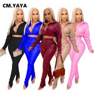 CM.yaya Faux Leather Dwa 2 sztuka Zestaw Dla Kobiet Streetwear PU Crop Topy Ułożone Spodnie Wysokiej Talii Dopasowanie Zestaw Dres Outfit Y0625