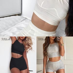 FSDA 2020 Szary Dwa Kawałek Zestaw O Neck Bez Rękawów Crop Top White and Shorts Biker Casual Women Set Summer Sport Strój Ribber X0428