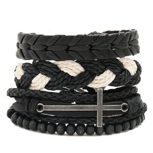 Leather Rope Handmade Braided Multilayer Cross Charm Bracelets Set For Men Women Punk Adjustable Bangle Fashion Jewelry