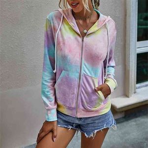 Tie Dye Printed Zipper Hoodie Fall Slim Fit Short V-Neck Long Sleeve Pocket Harajuku Street Cardigan Women's Three Colors 210522