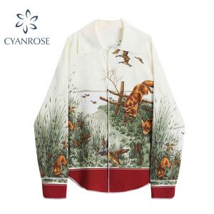 Women vintage ink painting animal leaves casual loose smock blouse women long sleeve chic autumn female kimono shirts tops 210417