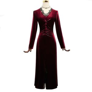 Women Elegant Red Wine Black Navy Blue V Neck Velvet Lace Patchwork Ruched Long Sleeve Split Knee Length Dress D1432 210514