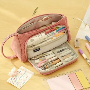 Pennväskor Angoo Corduroy Pen Bag Case Light Color Multi Slot Easy Handle Storage Pouch Organizer för Stationery School Travel A6443