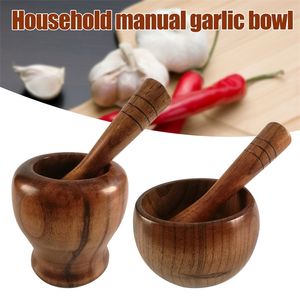 Bamboo Wood Mortar And Pestle Set With Lid Spoon Grinder Press Crusher Masher Pepper Garlic Herb Spice Mortero Mortier Et Pilon 210712