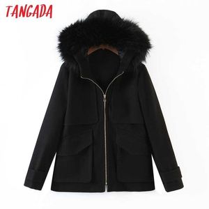 Tangada женщины черные теплые толстые пальто куртки меховой капюшон длинные рукава карманные дамы элегантное зимнее пальто qw8 210609