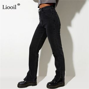 Liooil pojkvän slit högt midja jeans kvinnor streetwear rakt ben svart skinny jeans byxor faller avslappnad denim byxor 211104