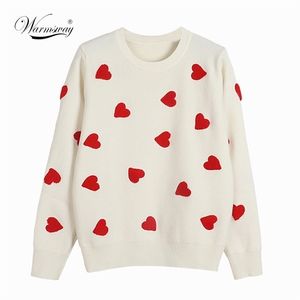 Haft Wiosenny Heart Kobiety Sweter O-Neck Kawaii Moda Sweter Luźny Jumper Z Długim Rękawem Knitwear Kobieta C-257 211103