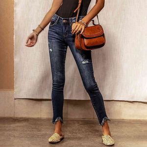 Mulheres Blue Rasgado Jeans Skinny Lápis Calças Primavera Verão Casual Mid Cintura Tassel Femme Slim Streetwear Hole Denim Calças 210416