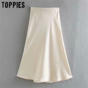 white satin midi skirts high waist pink a-line summer womens falas streetwear 210421