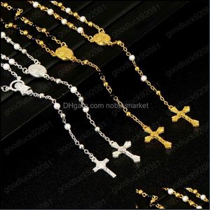 Anhänger Halsketten Anhänger Schmuck 4 mm Rosenkranz Edelstahl Perlen Kreuzkette und Jesus Halskette Religion Drop Lieferung 2021 6Ybix